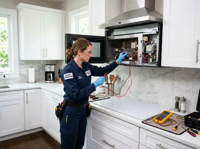 Appliance Repair Hero technician testing an over-the-range microwave in a Albuquerque, NM kitchen